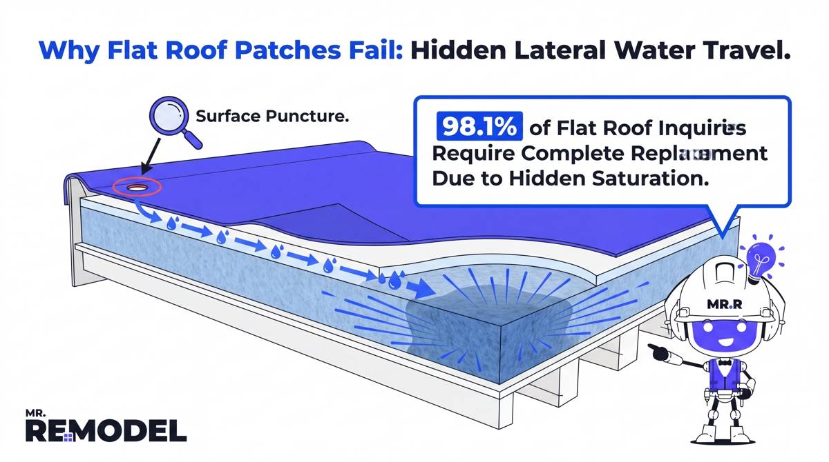 A technical cross-section diagram explaining why flat roof patch repairs often fail, showing how water enters through a small surface tear and travels laterally beneath the membrane, saturating the underlying insulation.